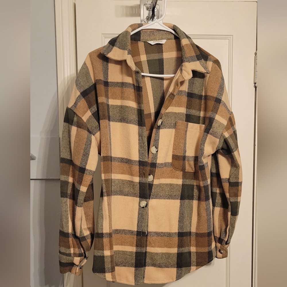 Plaid Button-Up Shirt in Tan and Brown